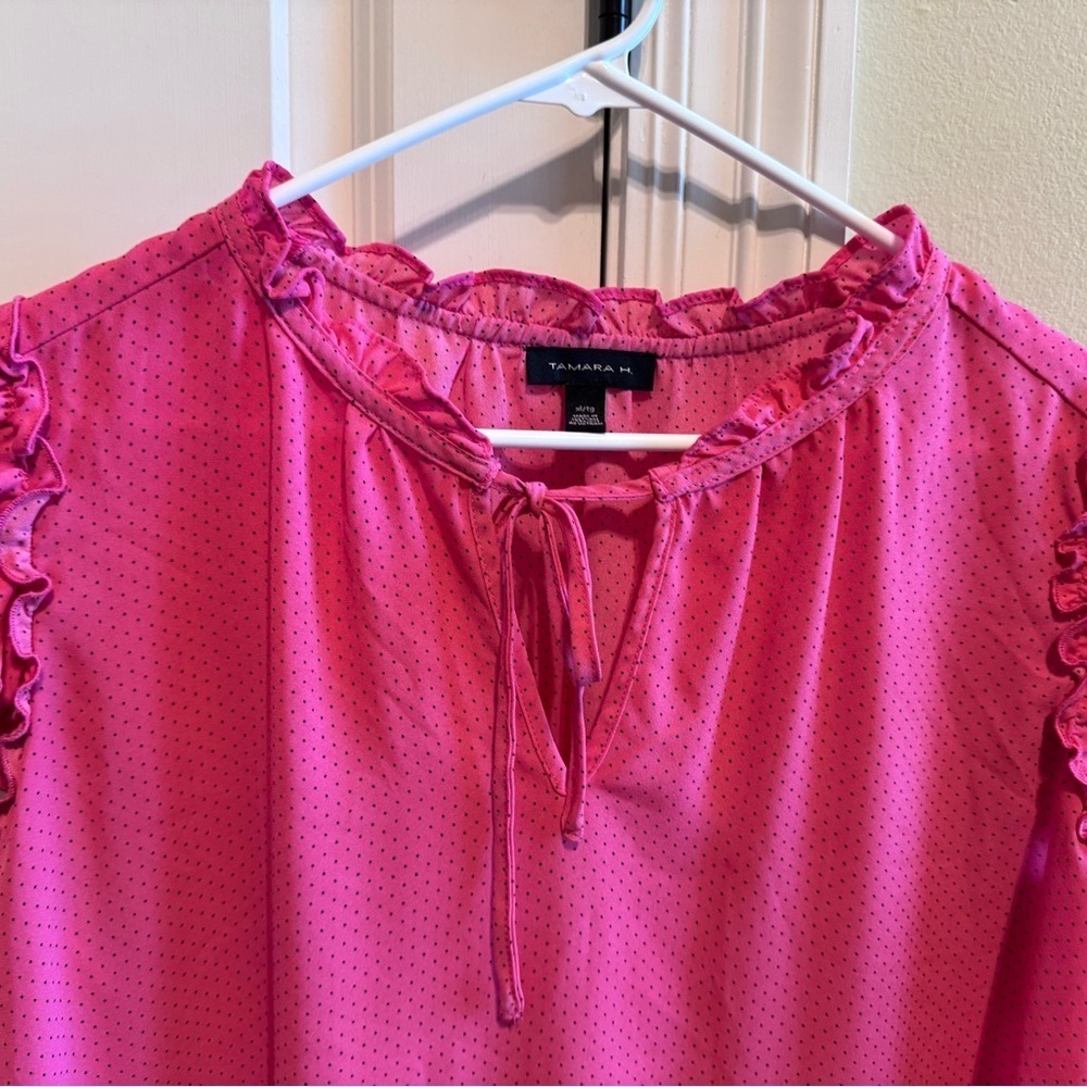 Tamara H Pink Black Dot Blouse Ruffle Cap Sleeve Neck Tie shirt Sz XL - Picture 2 of 11